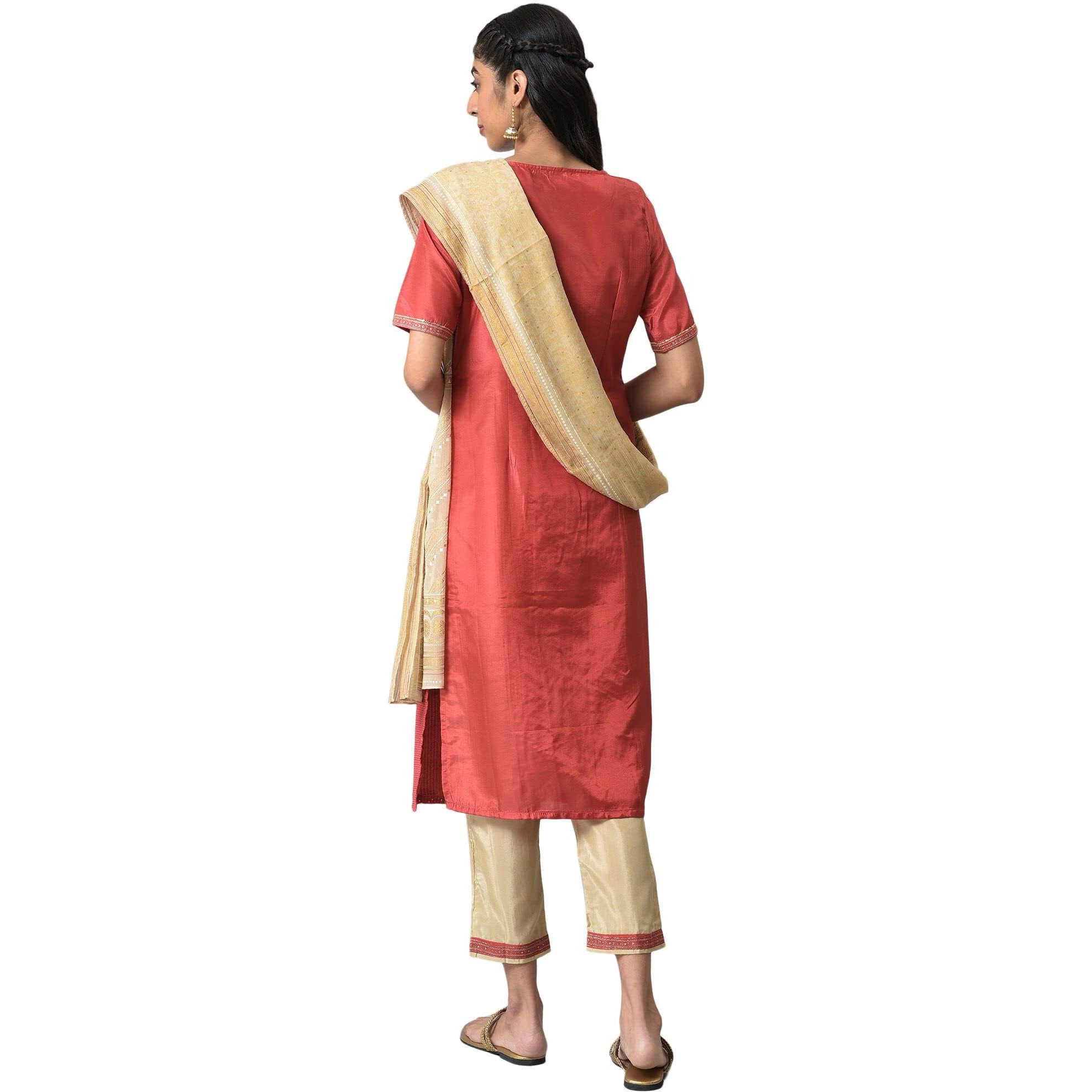 Aurelia Women's Polyester Maroon Glitter Printed Kurta Set With Almond Gold Trousers And Dupatta_22Aud10472-505712_L