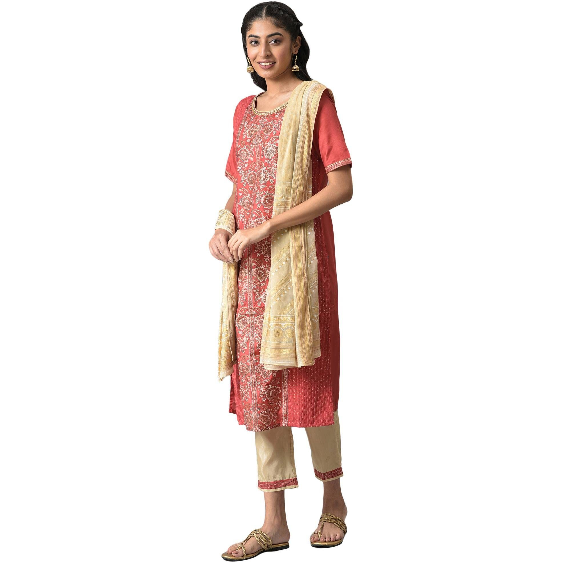 Aurelia Women's Polyester Maroon Glitter Printed Kurta Set With Almond Gold Trousers And Dupatta_22Aud10472-505712_L