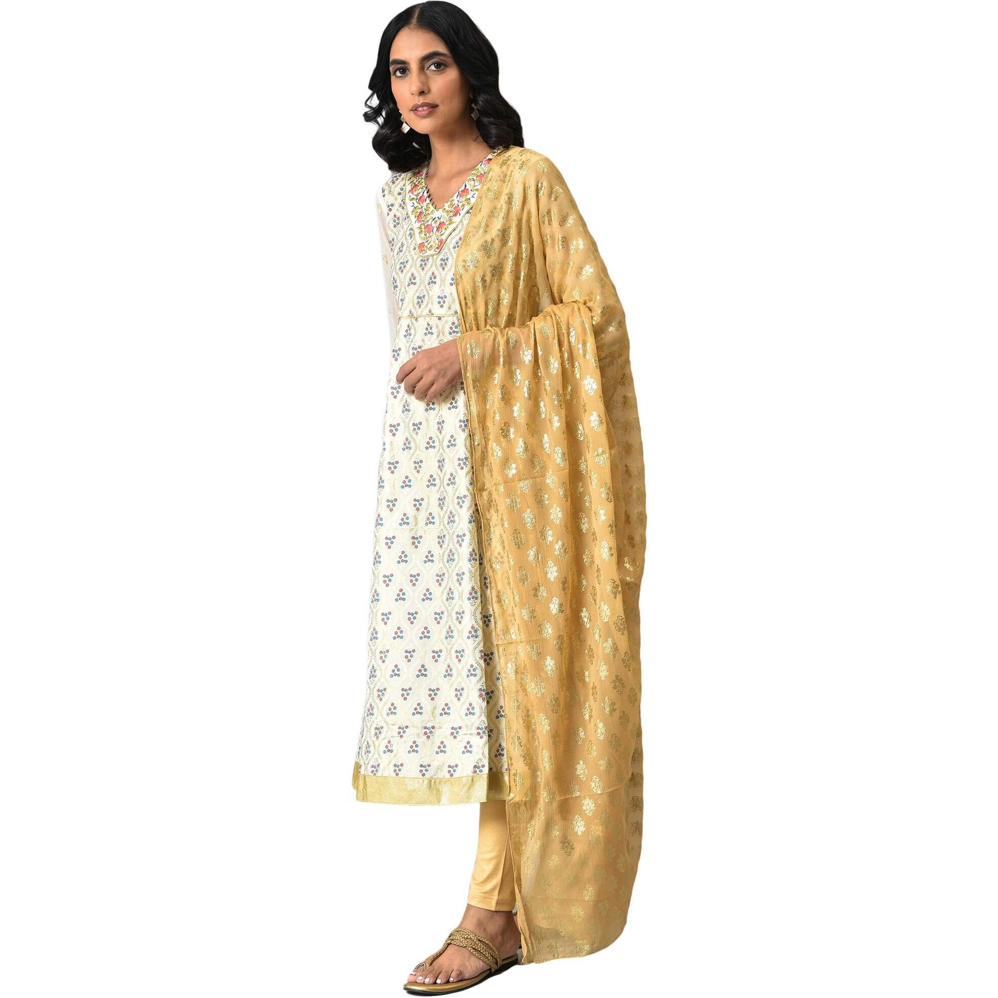 Aurelia Women White Zari Embroidered Kurta With Golden Tights And Printed Dupatta_22Aud10484-504050_L