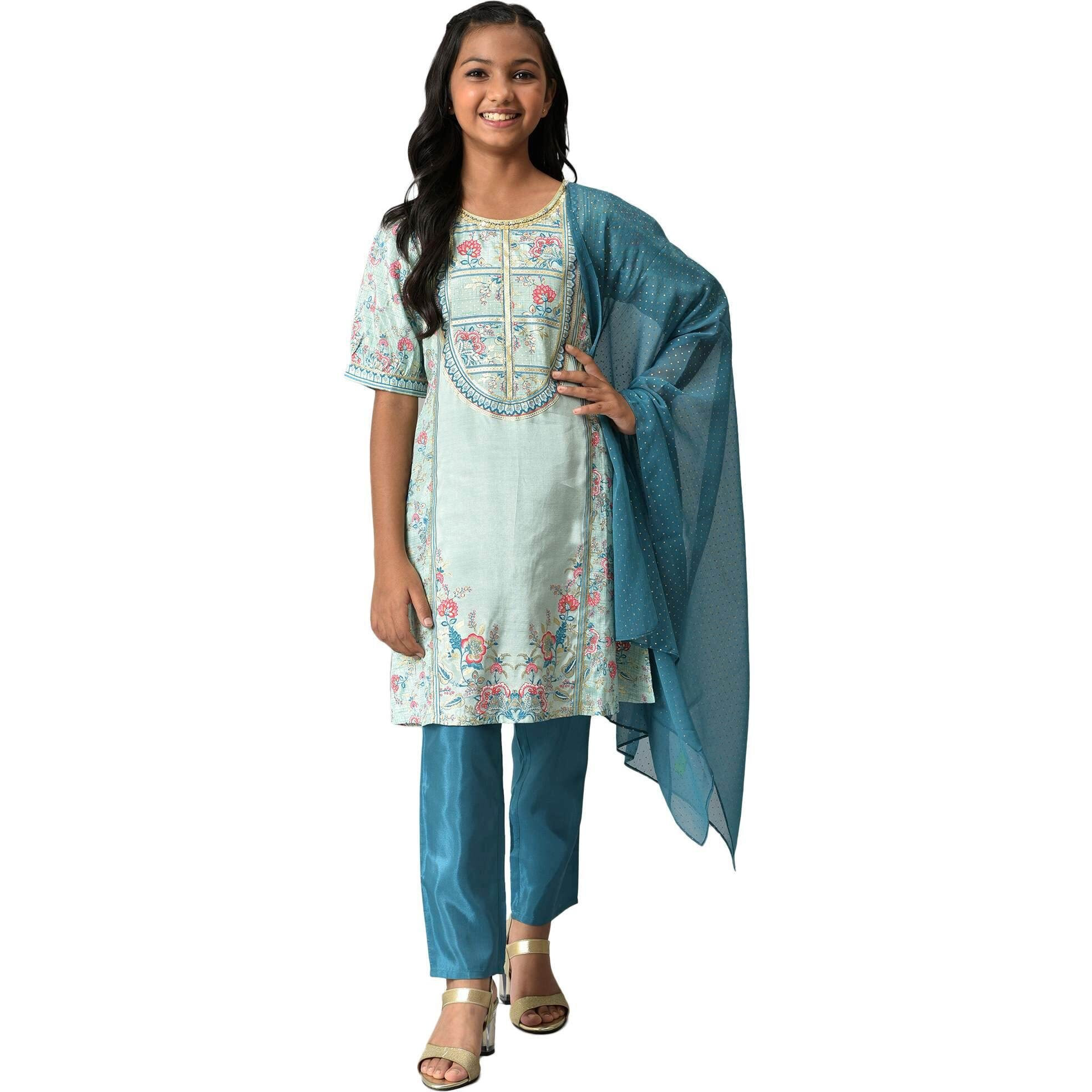 Aurelia Girl's Viscose Kurta-Trouser-Dupatta (22Aug10210C-503977_Green