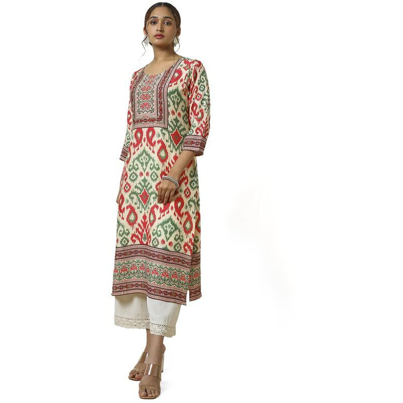 Soch Womens Cream Linen Blend Abstract Print Kurta With Mirror Work