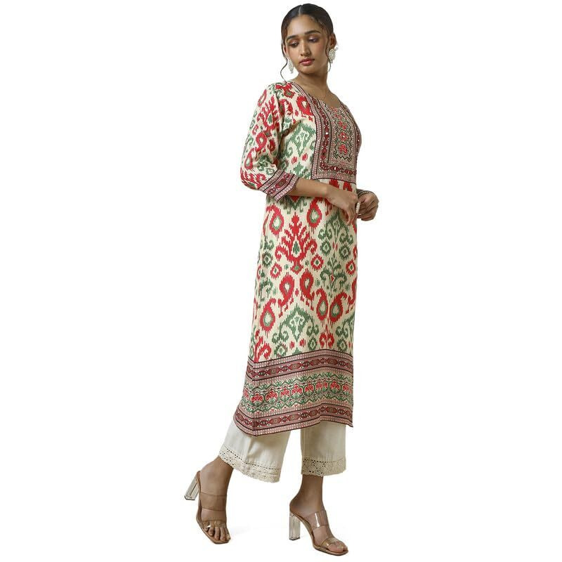 Soch Womens Cream Linen Blend Abstract Print Kurta With Mirror Work