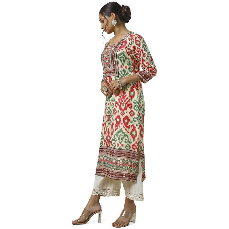 Soch Womens Cream Linen Blend Abstract Print Kurta With Mirror Work