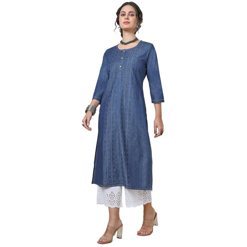 Soch Womens Indigo Kantha Stitch Cotton Blend Kurta