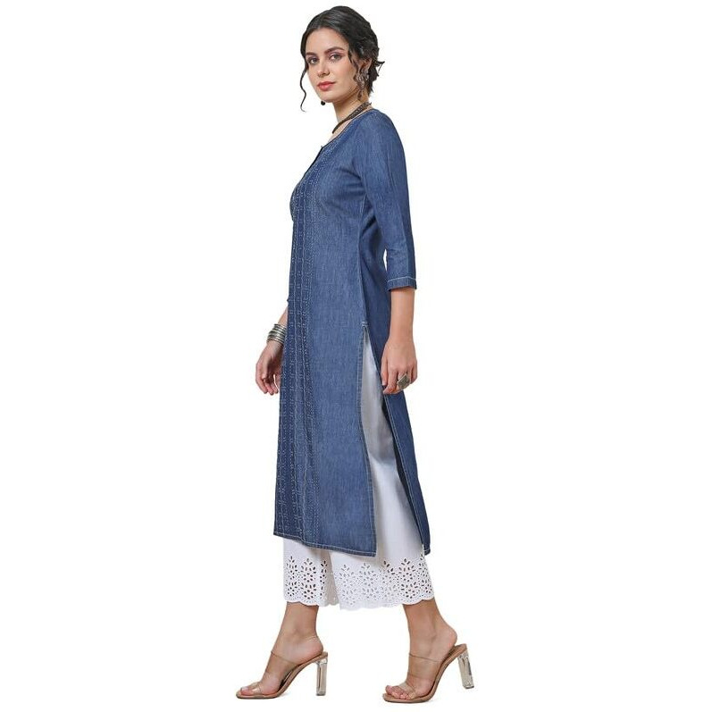 Soch Womens Indigo Kantha Stitch Cotton Blend Kurta