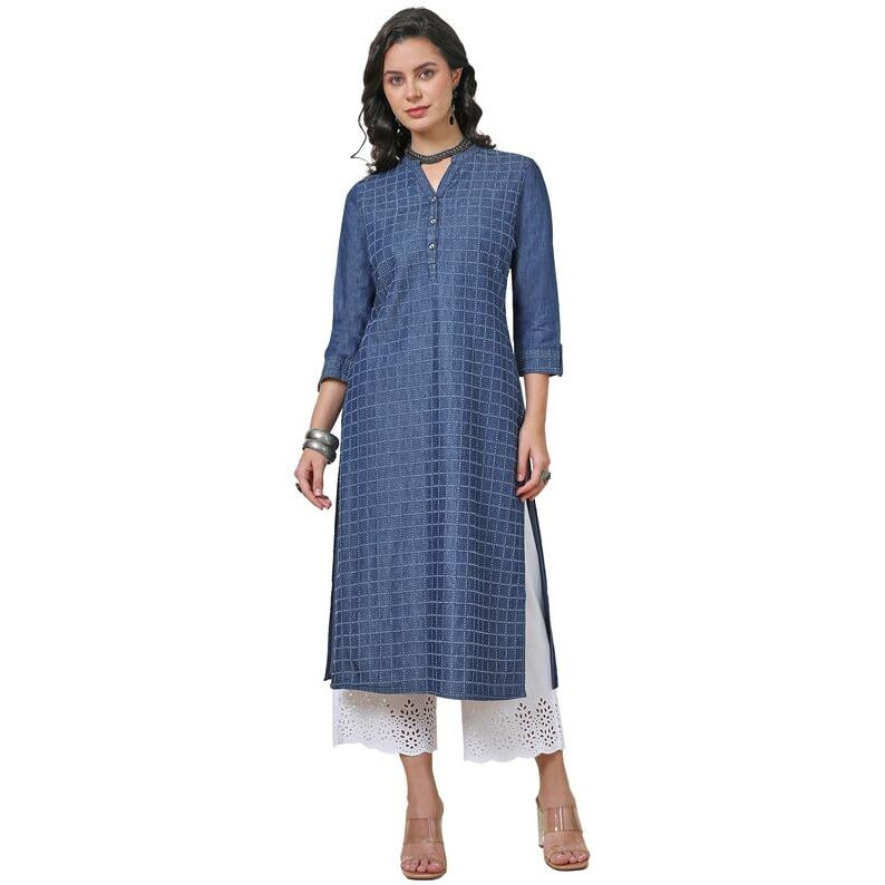 Soch Womens Indigo Checked Textured Cotton Blend Kurta