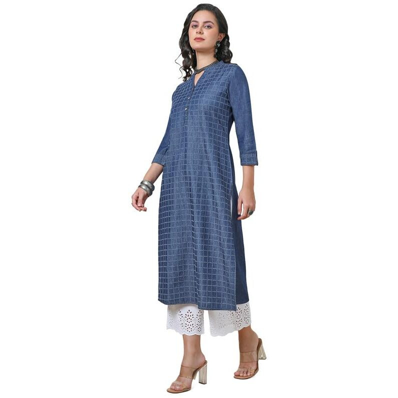 Soch Womens Indigo Checked Textured Cotton Blend Kurta