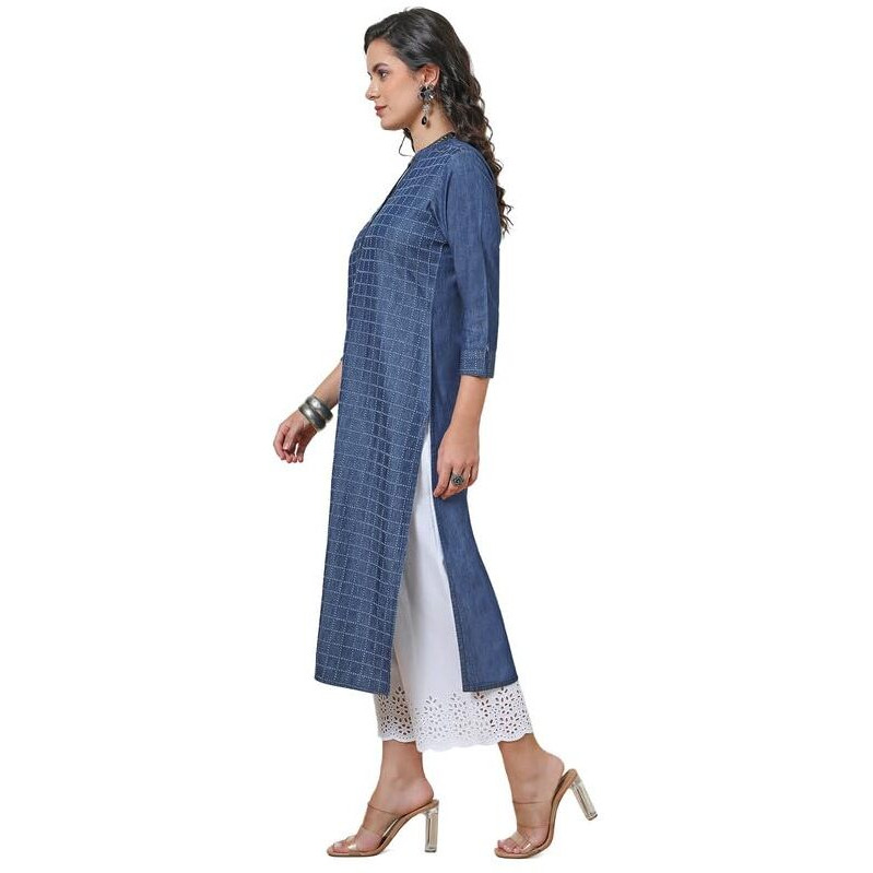 Soch Womens Indigo Checked Textured Cotton Blend Kurta