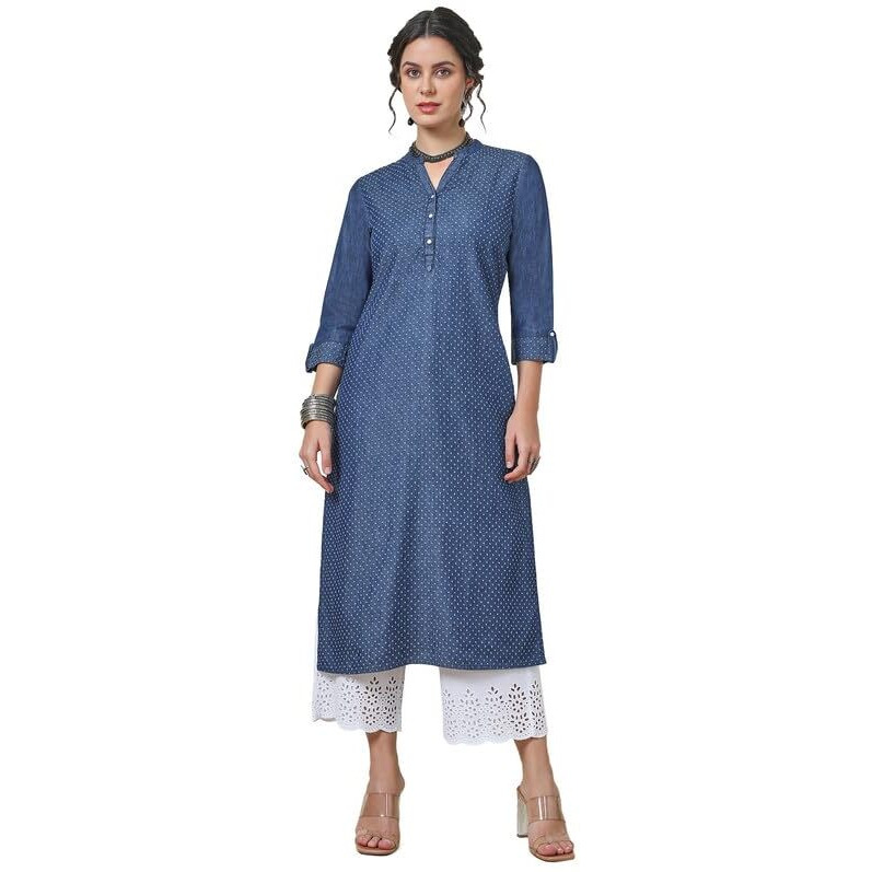 Soch Womens Indigo Mandarin Collar Textured Cotton Blend Kurta