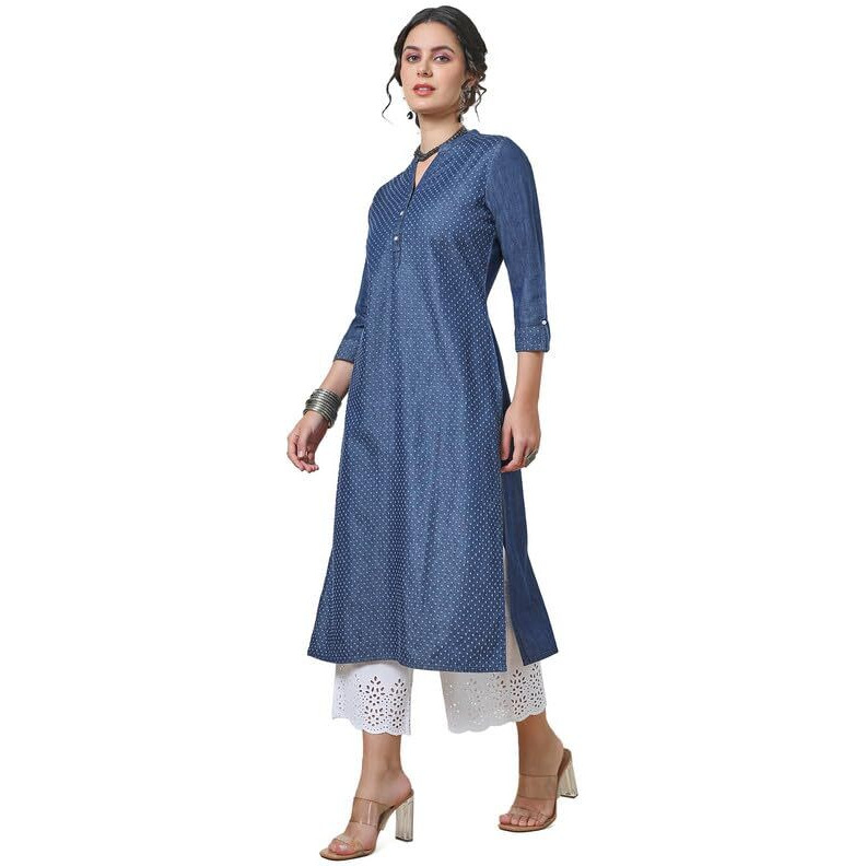 Soch Womens Indigo Mandarin Collar Textured Cotton Blend Kurta