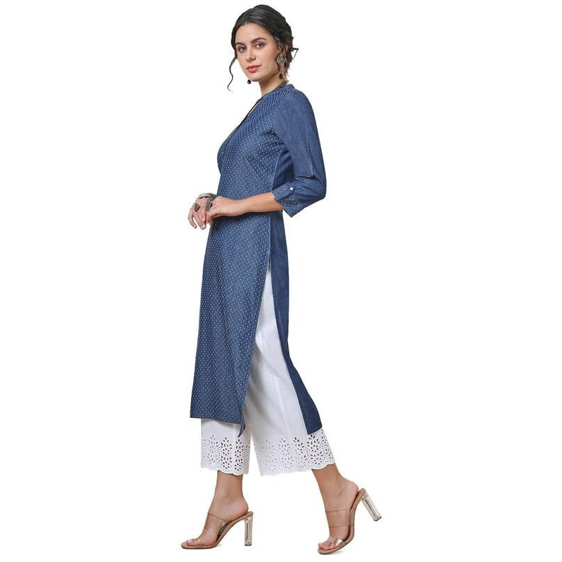 Soch Womens Indigo Mandarin Collar Textured Cotton Blend Kurta