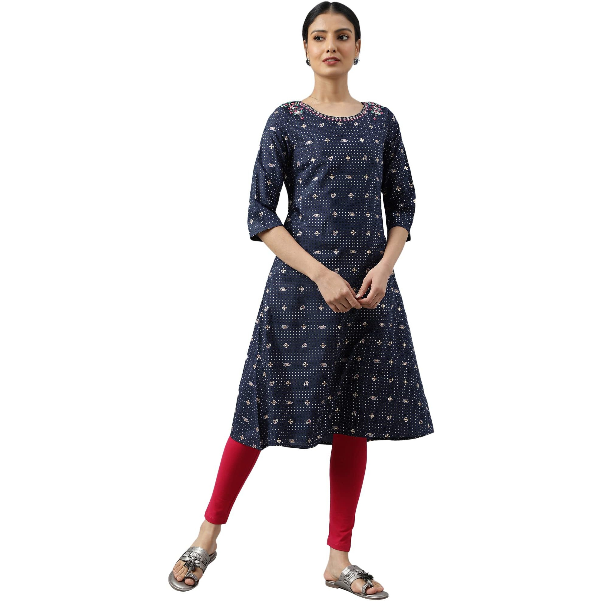 W For Woman Navy Blue Printed A-Line Kurta With Embroidery
