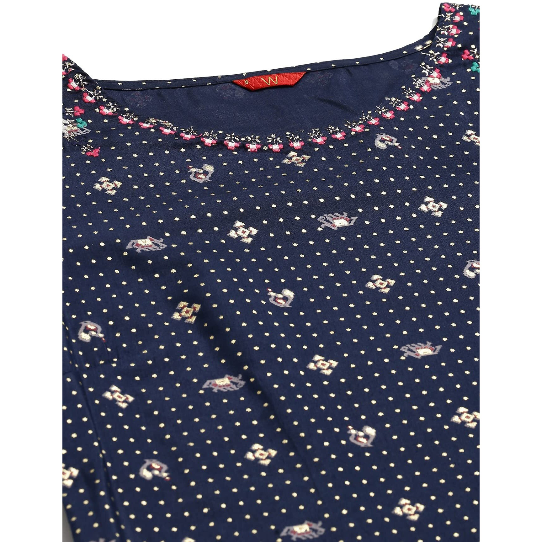 W For Woman Navy Blue Printed A-Line Kurta With Embroidery