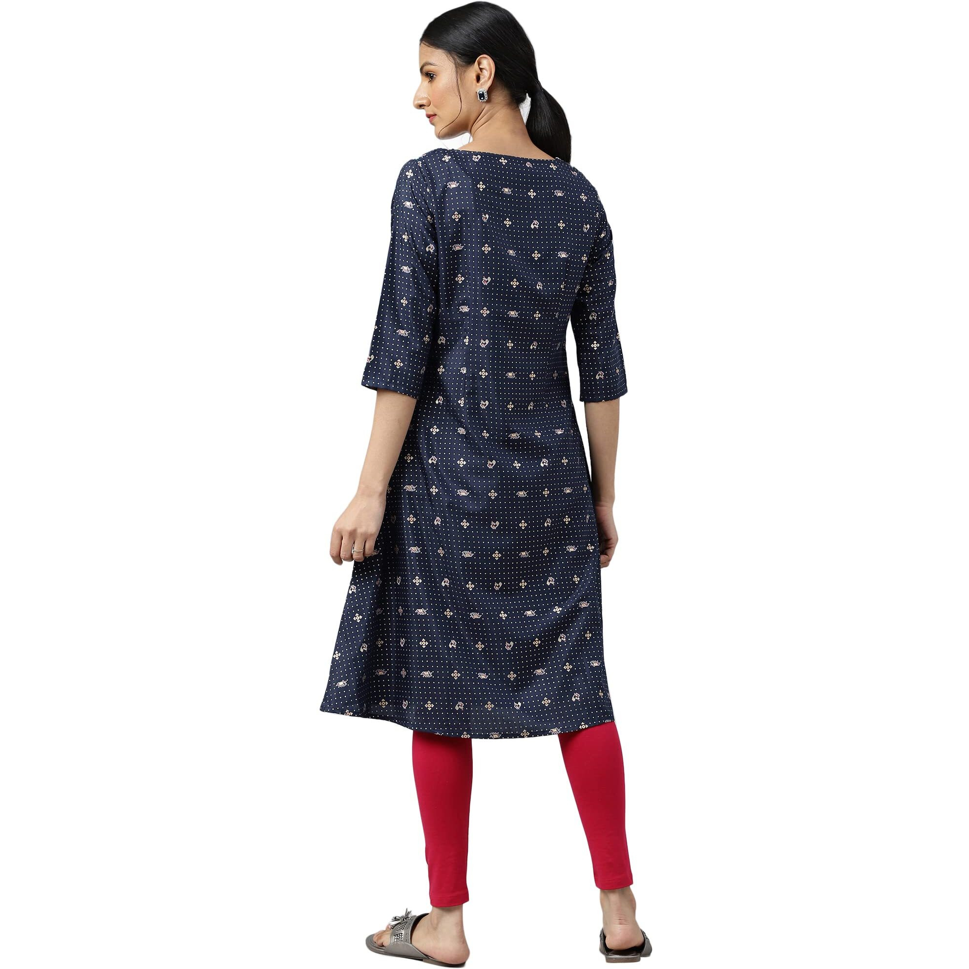 W For Woman Navy Blue Printed A-Line Kurta With Embroidery