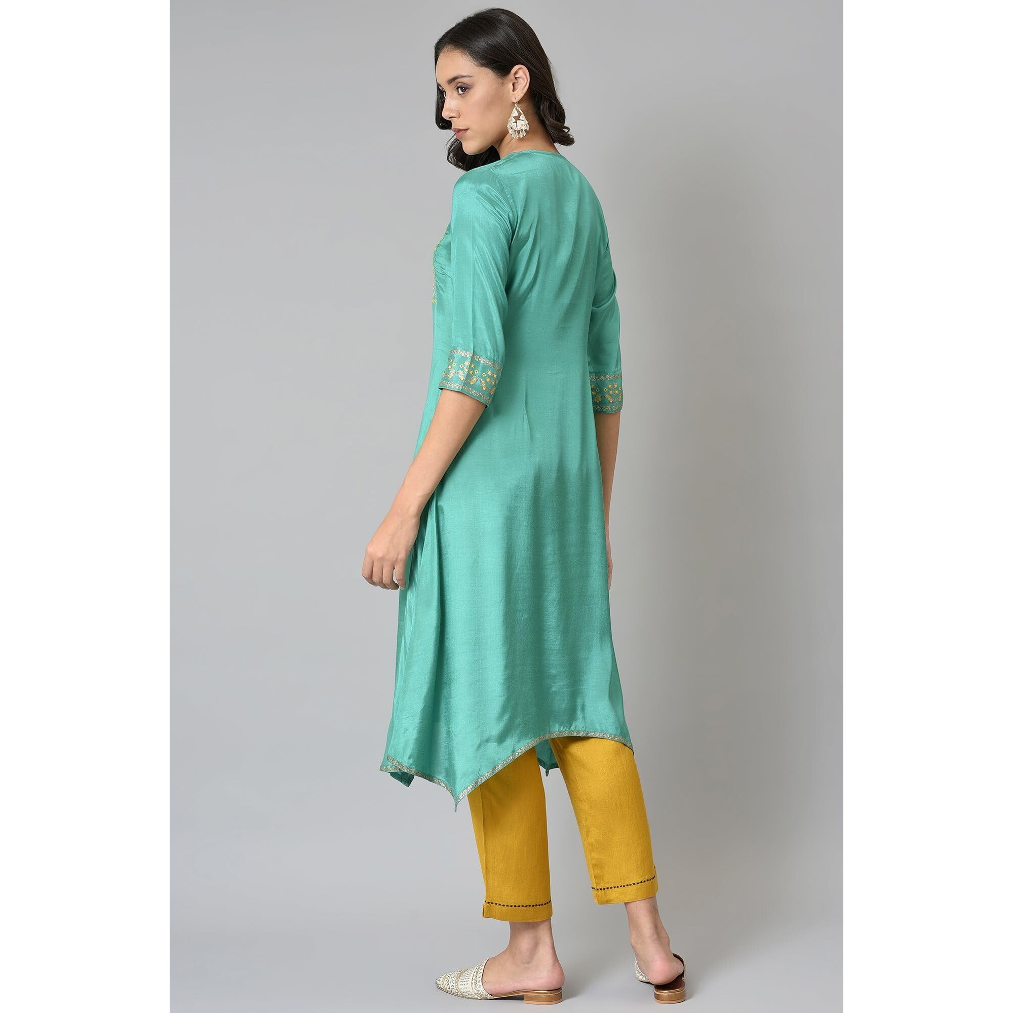W For Woman Viscose Embroidered Regular Kurta (22Auw17913-217324_Marine Green_6)_6