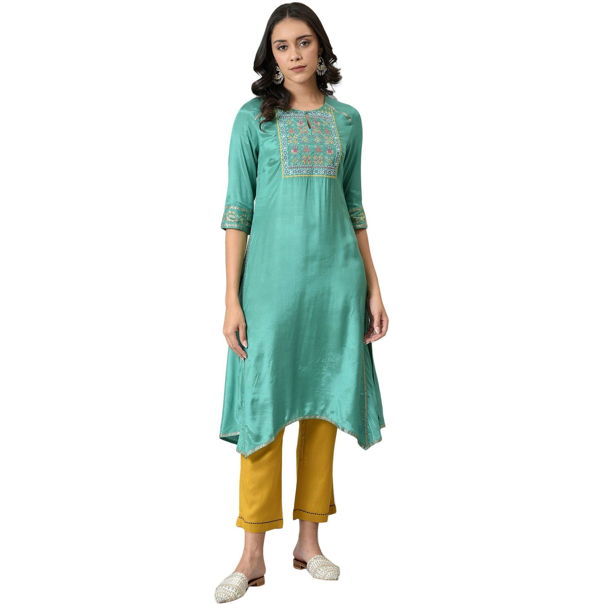 W For Woman Marine Green Embroidered And Mirror Work Kurta_22Auw17913-217324_5Xl_22