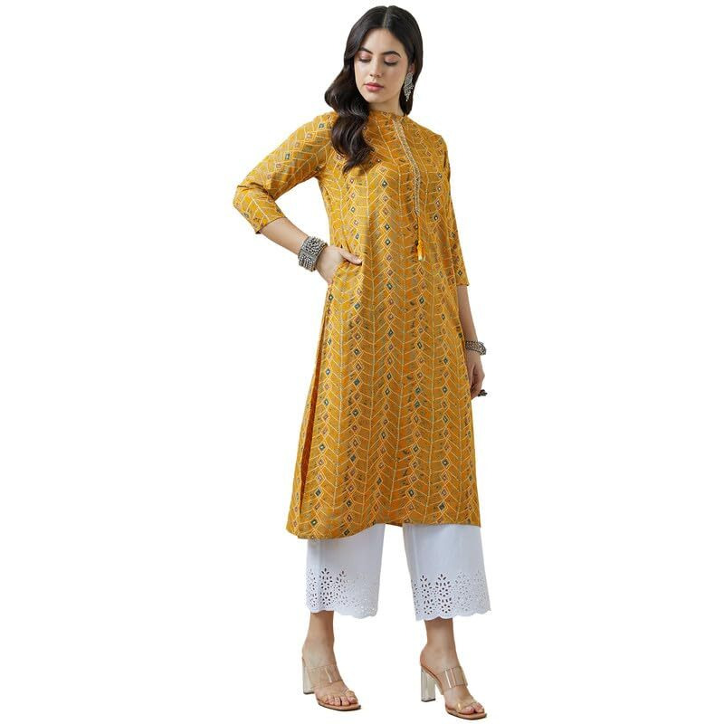 Soch Womens Mustard Mandarin Collar Rayon Abstract Print Kurta