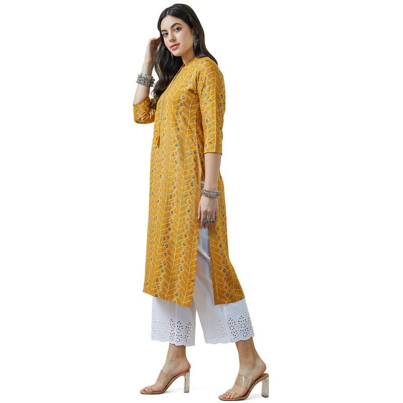 Soch Womens Mustard Mandarin Collar Rayon Abstract Print Kurta