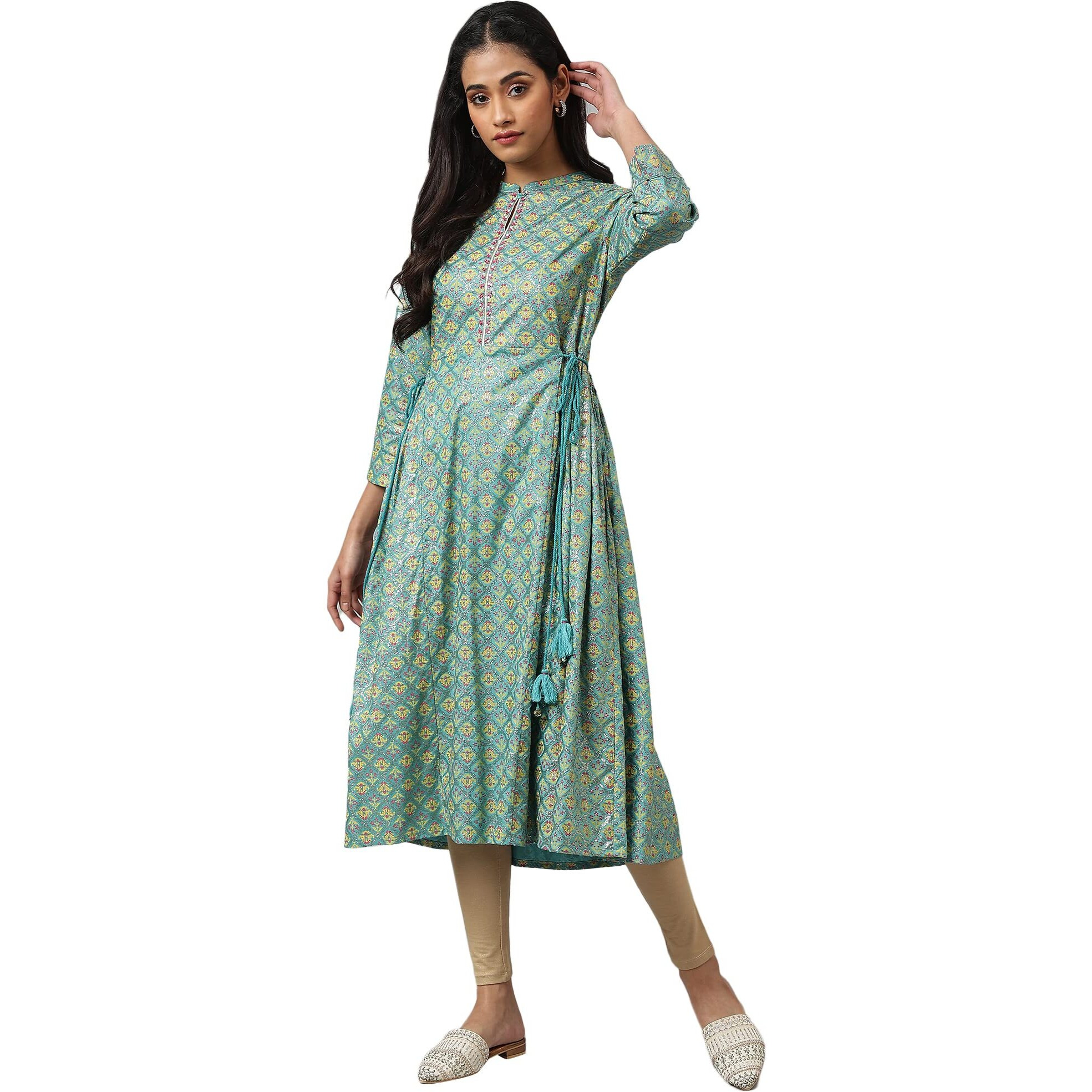 W For Woman Women Viscose Regular Fit Blue Gathered Kurta With Bead Work_22Auw17921-118334_Xl