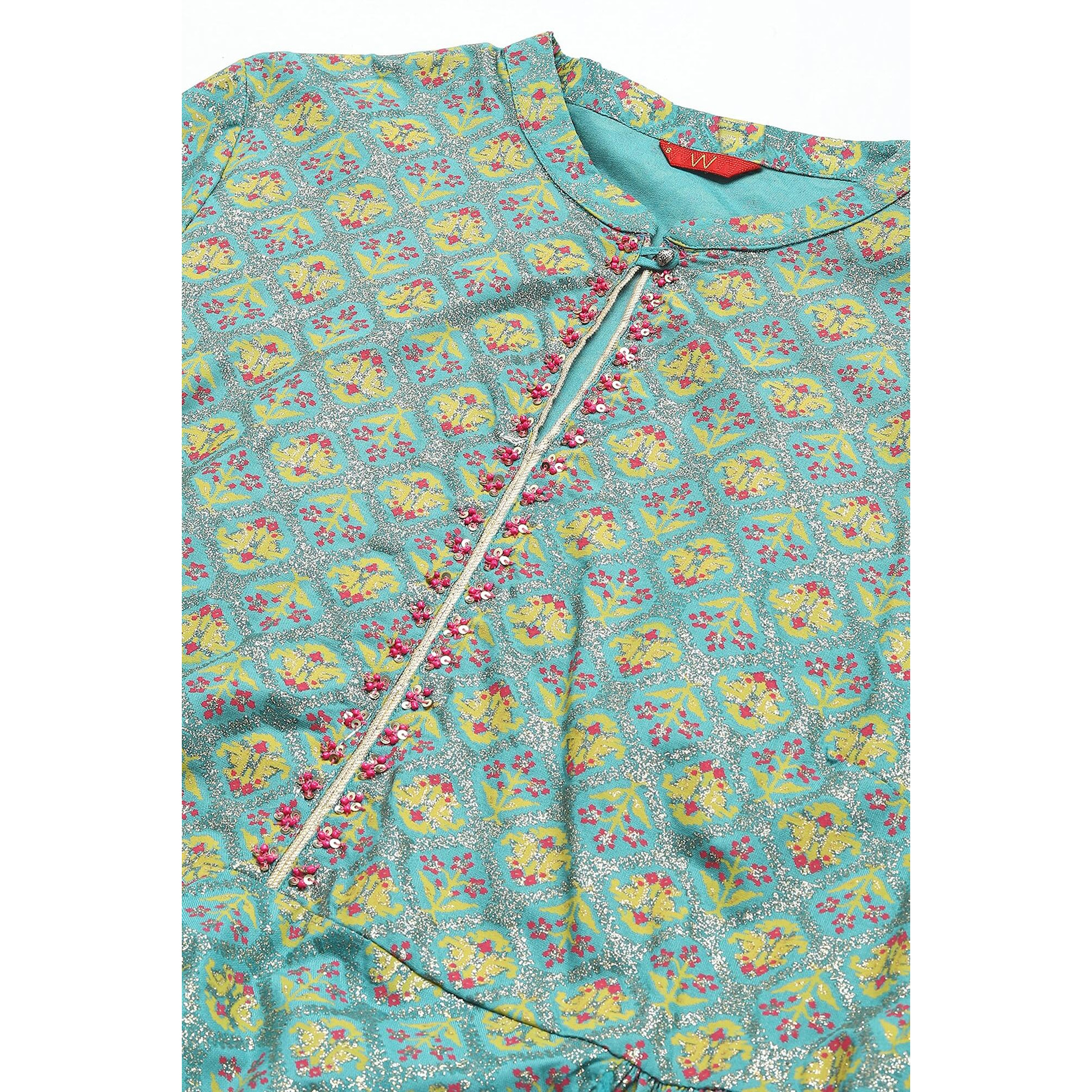 W For Woman Women Viscose Regular Fit Blue Gathered Kurta With Bead Work_22Auw17921-118334_Xl