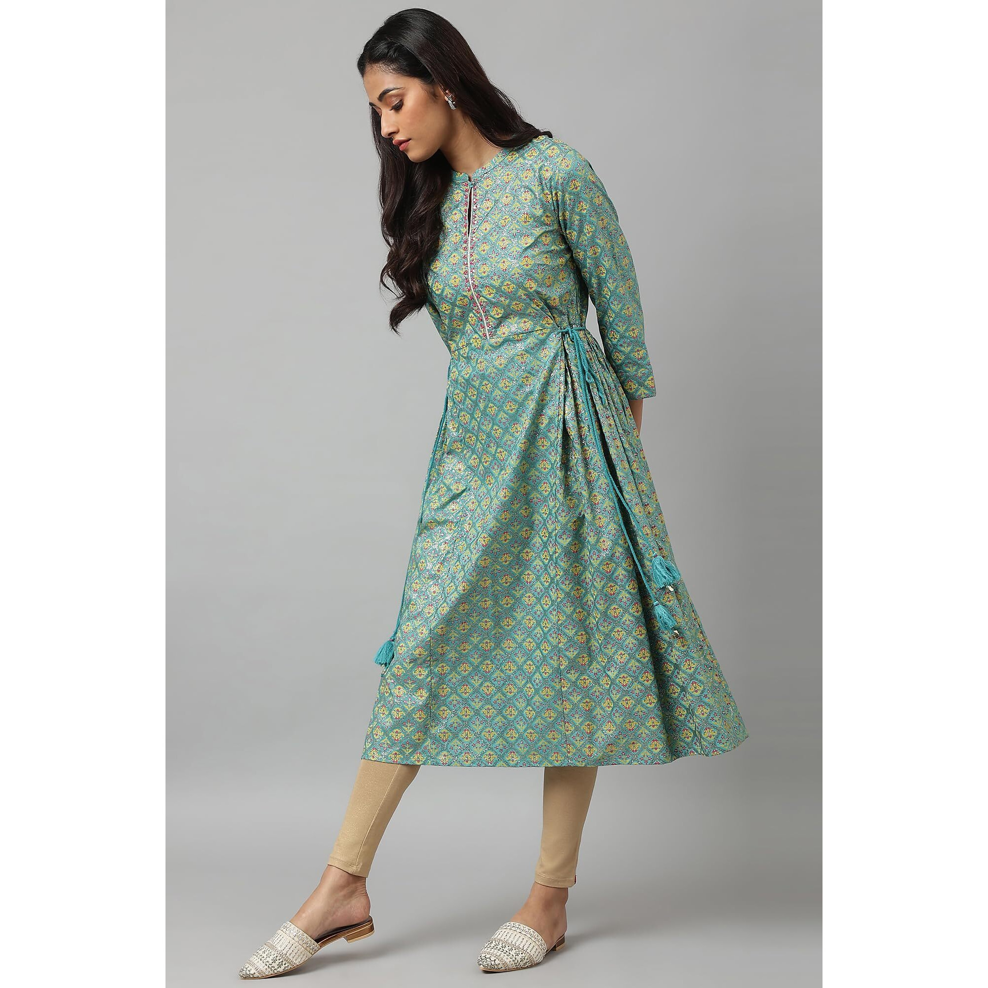 W For Woman Women Viscose Regular Fit Blue Gathered Kurta With Bead Work_22Auw17921-118334_Xl