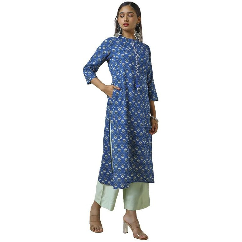 Soch Womens Blue Rayon Floral Print Kurta With Faux Mirror
