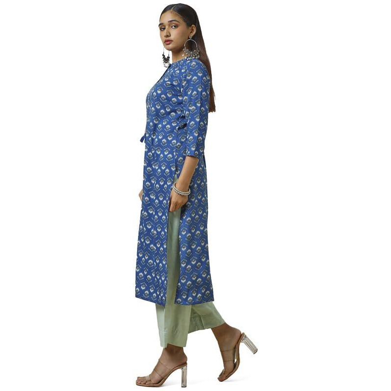 Soch Womens Blue Rayon Floral Print Kurta With Faux Mirror