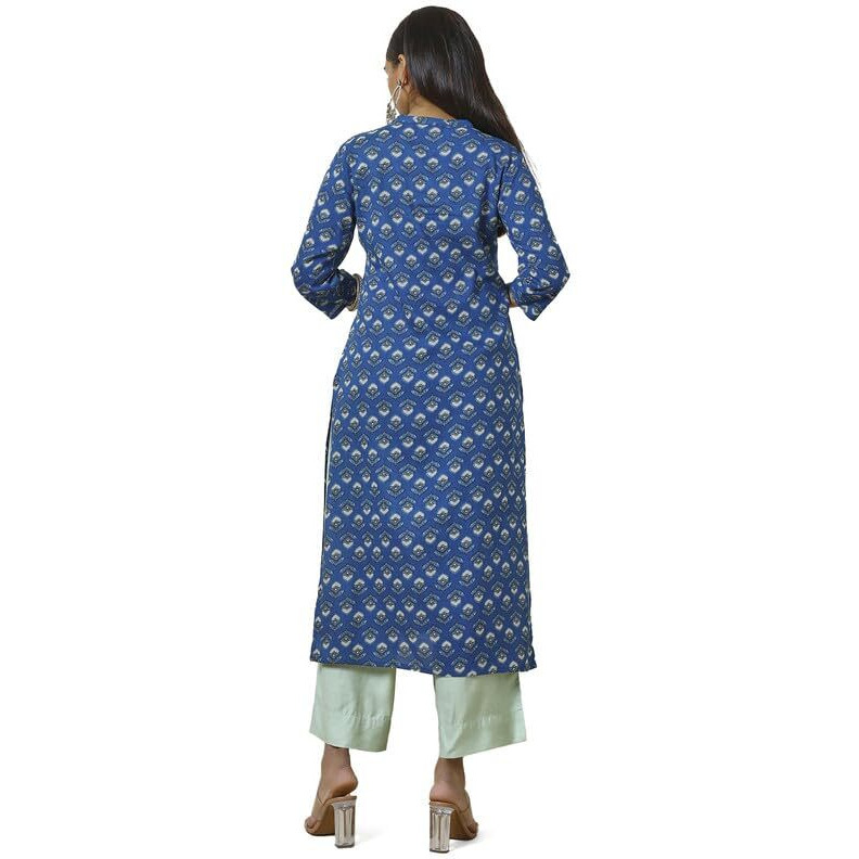 Soch Womens Blue Rayon Floral Print Kurta With Faux Mirror