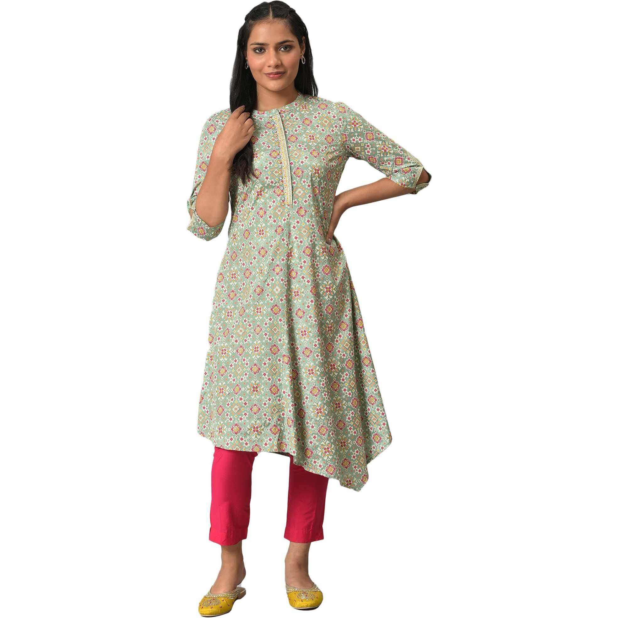W For Woman Light Green Geometric Printed Kurta With Glitter Beads