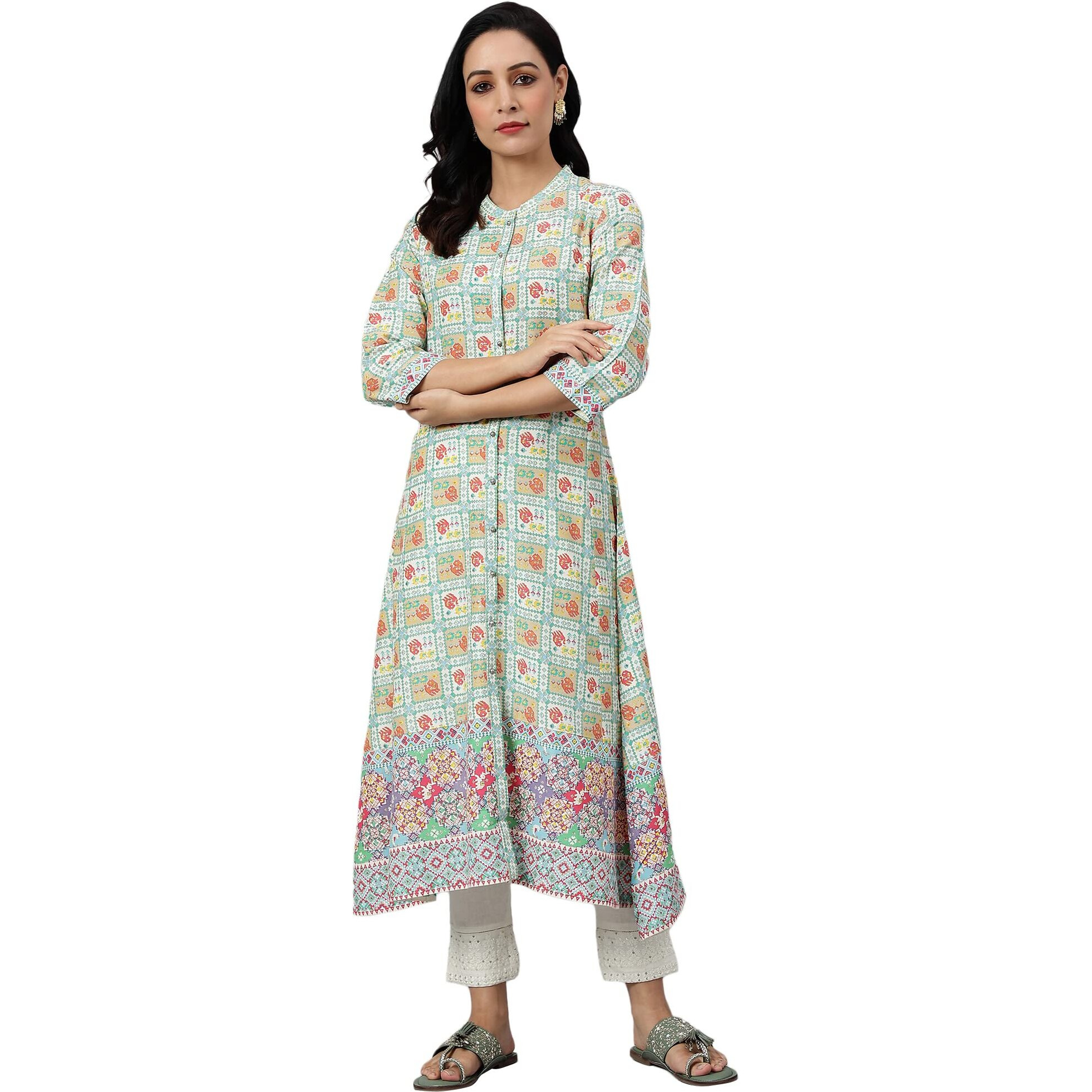 W For Woman Ecru And Multicoloured Printed Flared Kurta