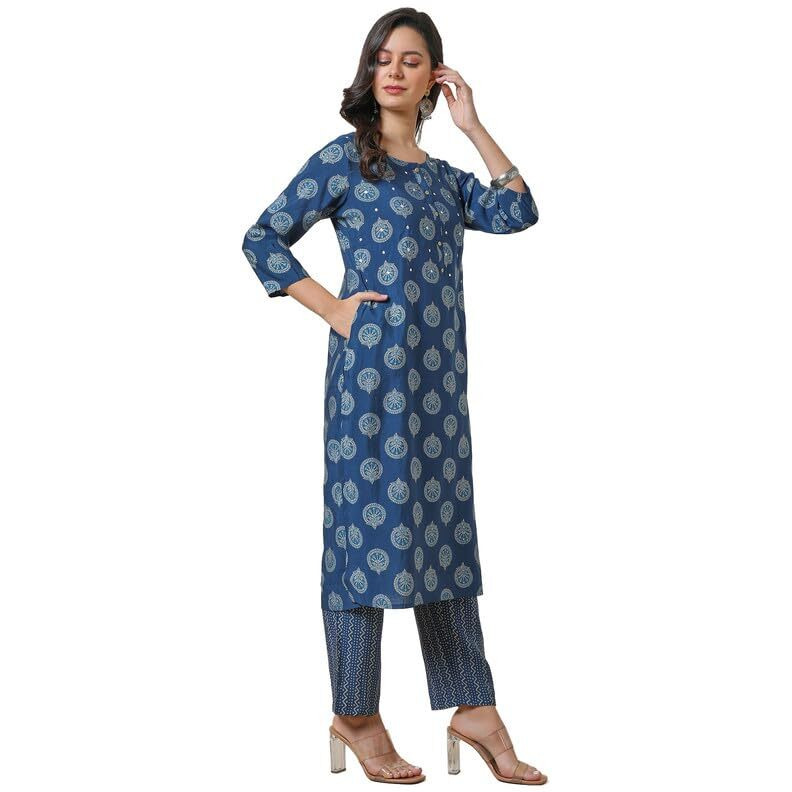 Soch Womens Blue Muslin Blend Ethnic Motifs Kurta Set With Faux Mirror