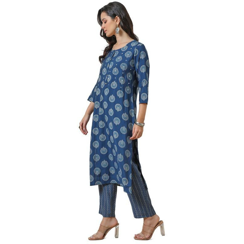 Soch Womens Blue Muslin Blend Ethnic Motifs Kurta Set With Faux Mirror