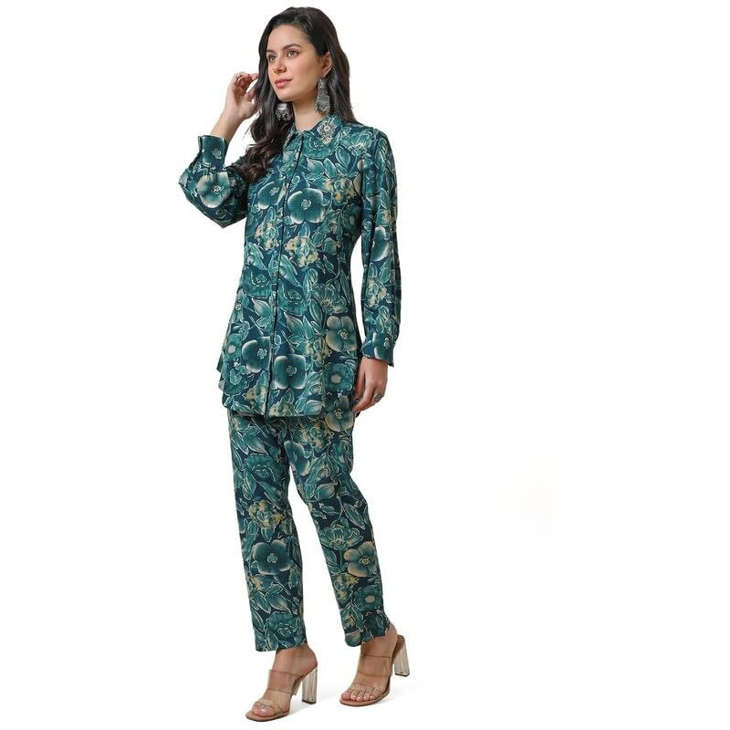 Soch Womens Teal Rayon Botanical Print Co-Ord Set With Beads