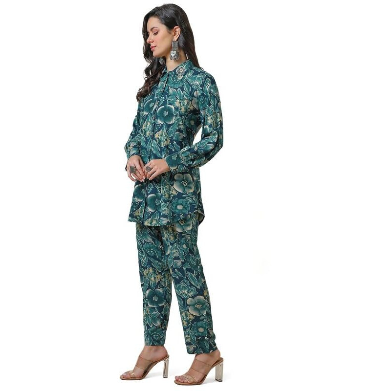Soch Womens Teal Rayon Botanical Print Co-Ord Set With Beads