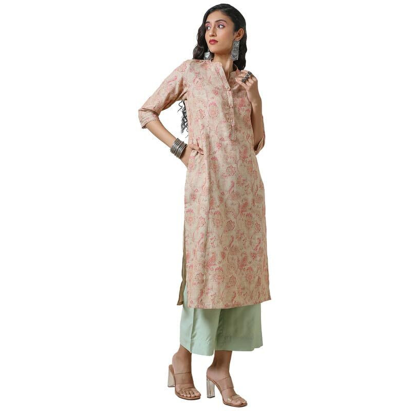 Soch Womens Beige Linen Princess Cut Ethnic Motifs Print Kurta