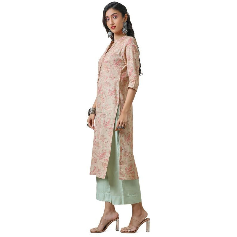 Soch Womens Beige Linen Princess Cut Ethnic Motifs Print Kurta