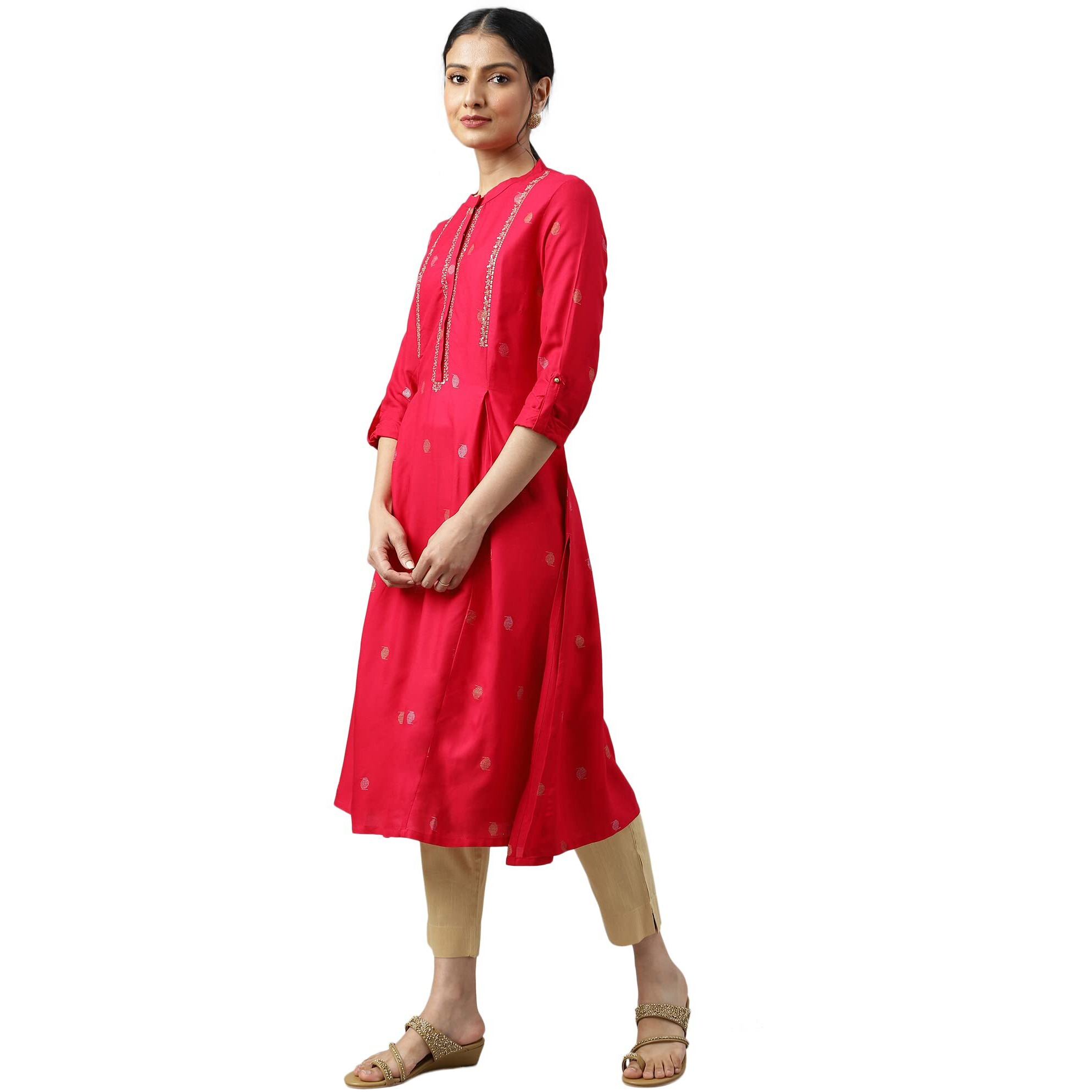 W For Woman Red Geometric Printed Khadi Regular Kurta With Metallic Embroidery