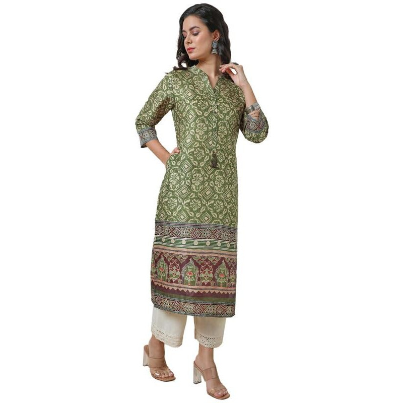 Soch Womens Green Floral Print Chanderi Blend Kurta With Tassels