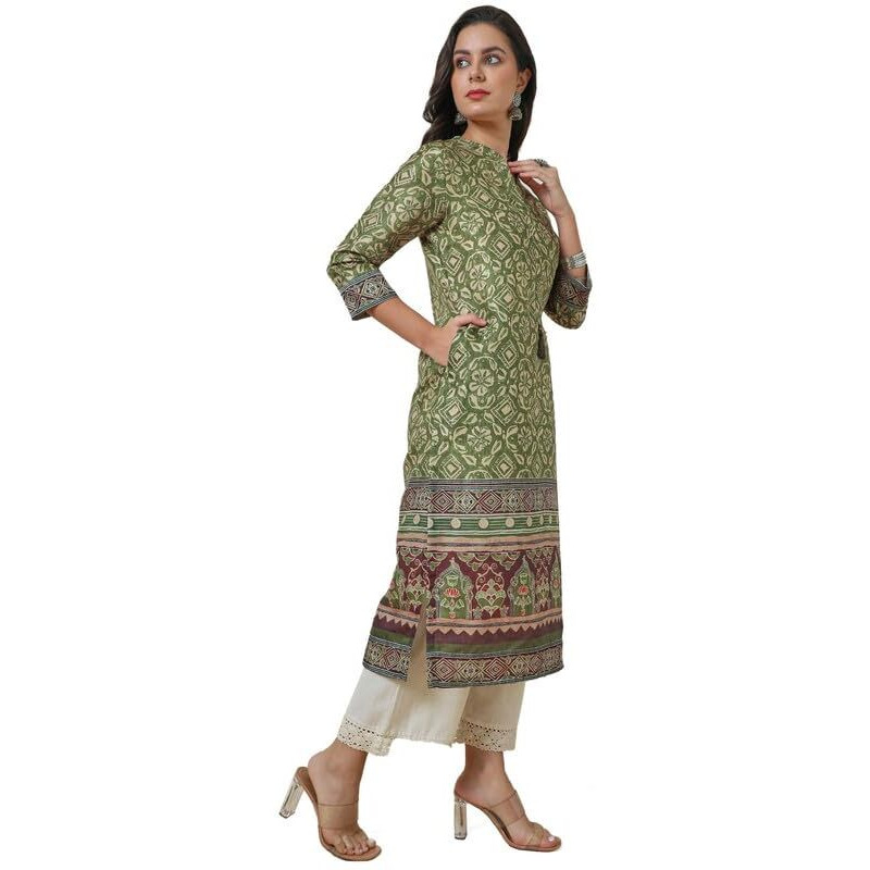 Soch Womens Green Floral Print Chanderi Blend Kurta With Tassels
