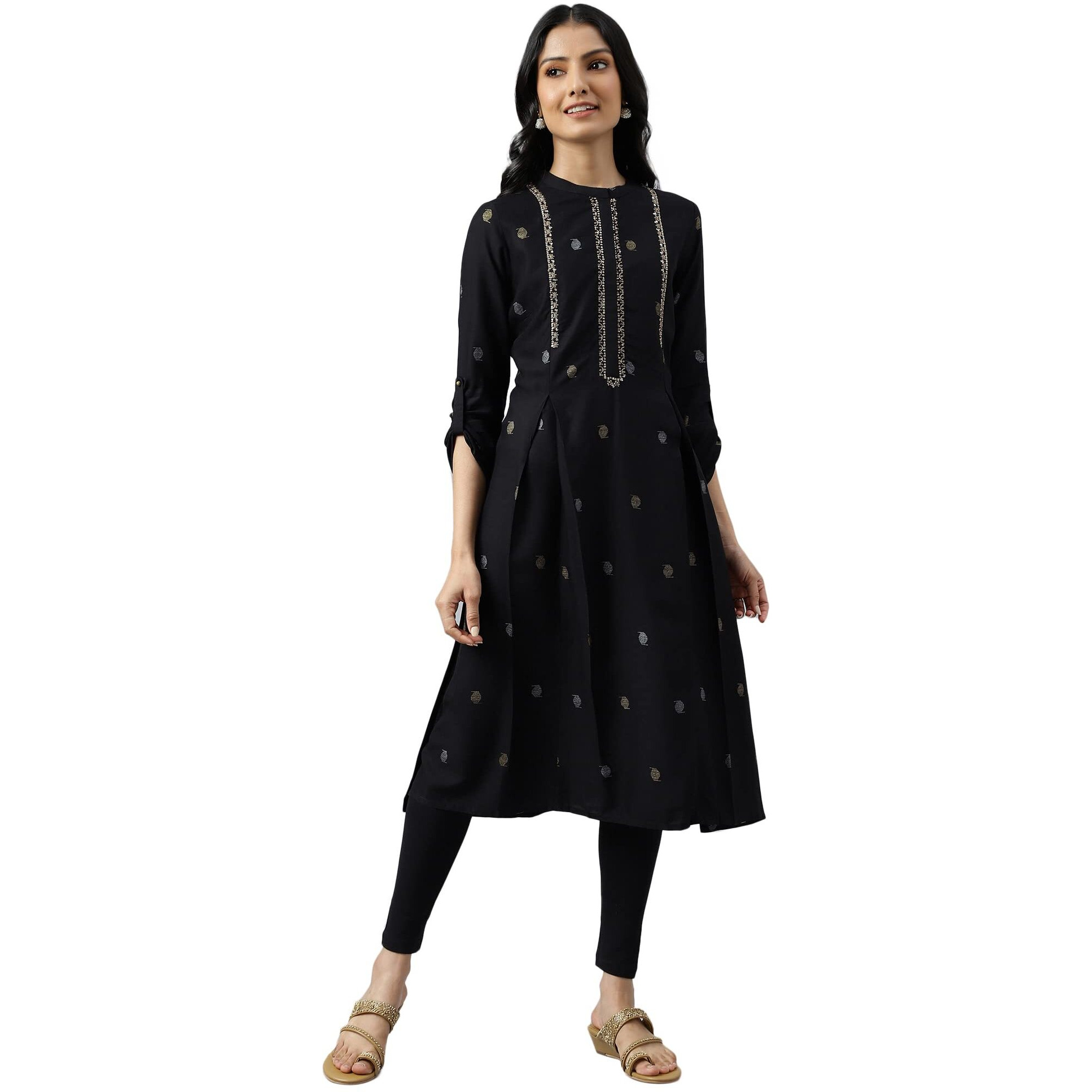 W For Woman Black Geometric Printed Regular Kurta With Metallic Embroidery