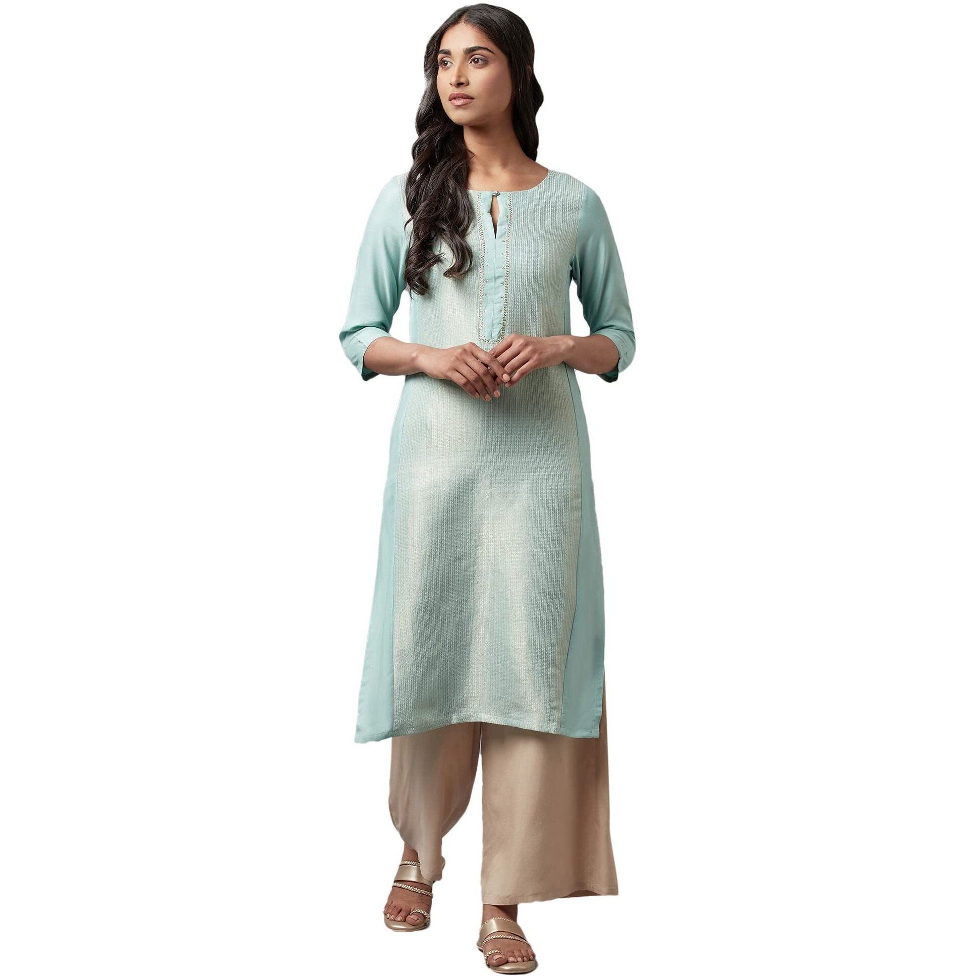 W For Woman Cotton Blue Striped Keyhole Neck Straight Kurta_22Few17928-311823_Xl