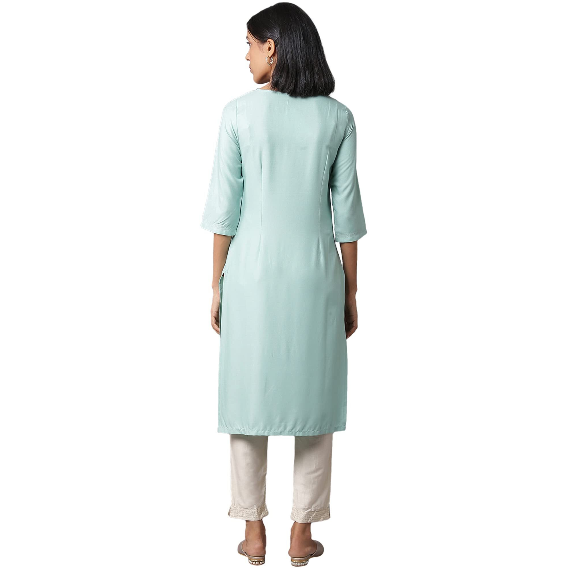 W For Woman Women's Cotton Blend Geometric Regular Teal Blue Jacquard Kurta With Embroidered Yoke (22Few18062-311823 Xl)