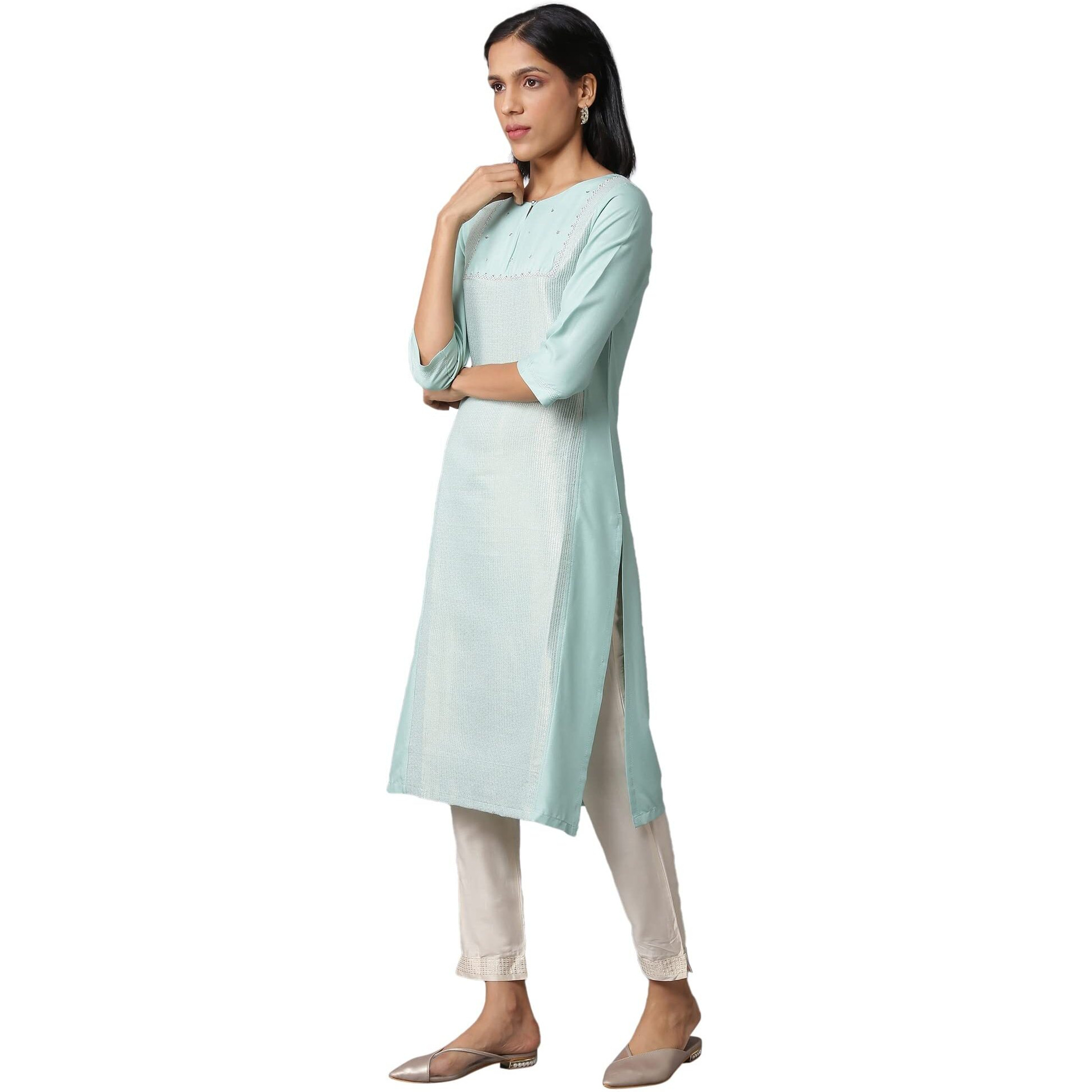 W For Woman Women's Cotton Blend Geometric Regular Teal Blue Jacquard Kurta With Embroidered Yoke (22Few18062-311823 Xl)