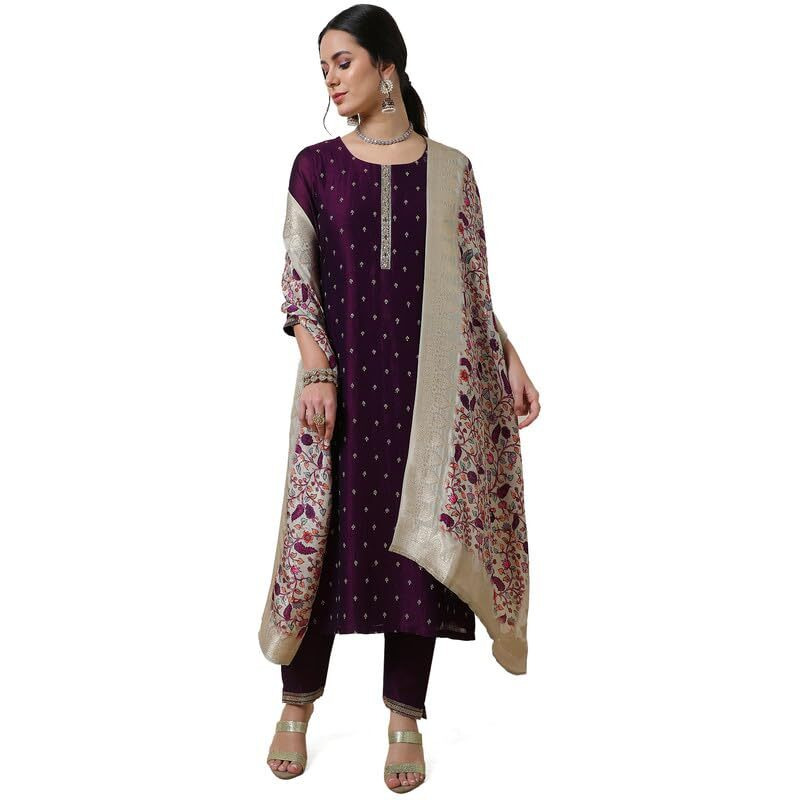 Soch Womens Wine Embroidered Silk Blend Suit Set With Kalamkari Dupatta