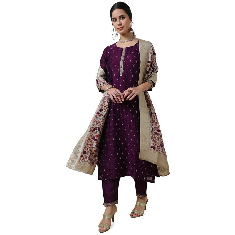 Soch Womens Wine Embroidered Silk Blend Suit Set With Kalamkari Dupatta