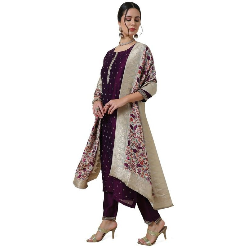 Soch Womens Wine Embroidered Silk Blend Suit Set With Kalamkari Dupatta