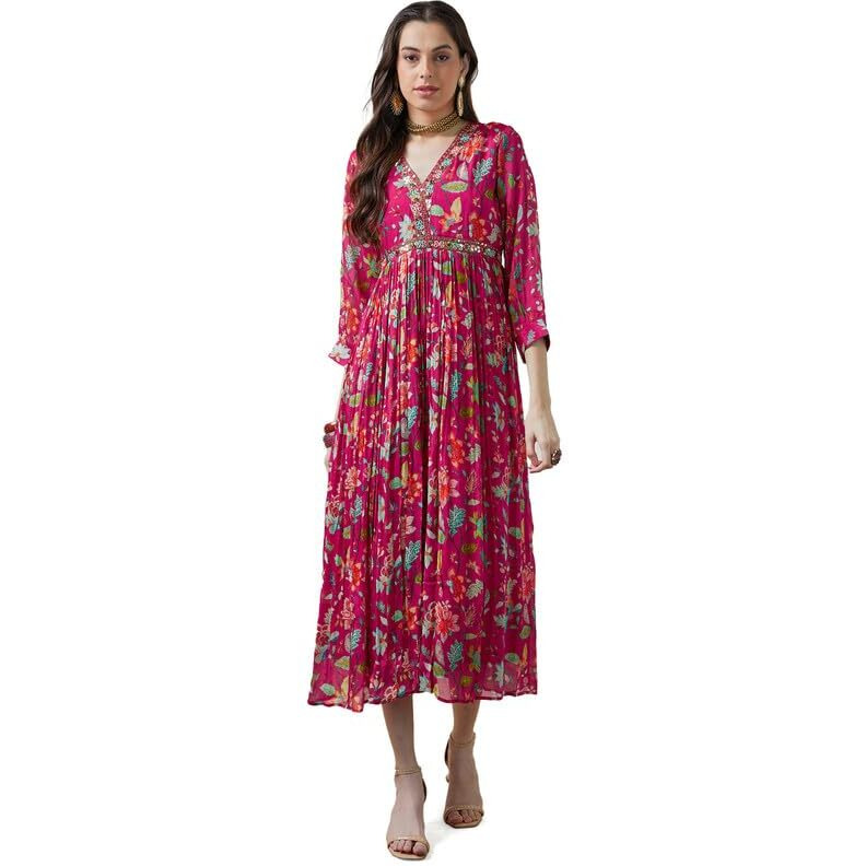 Soch Womens Fuchsia Chinon Floral Print Gathered Dress With Mirror Work