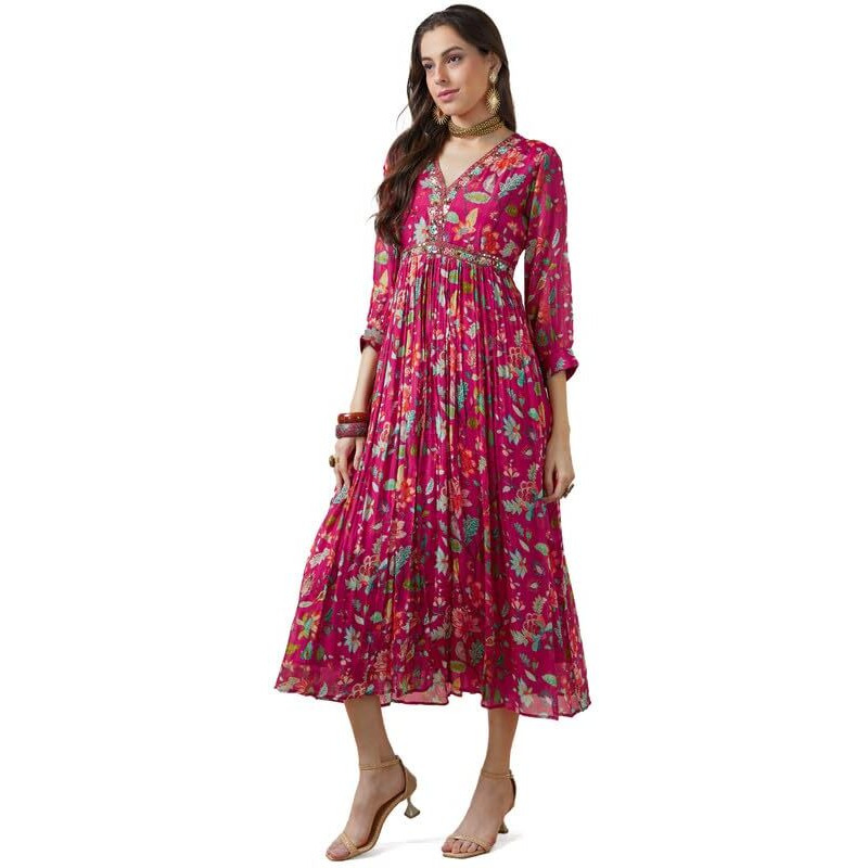 Soch Womens Fuchsia Chinon Floral Print Gathered Dress With Mirror Work