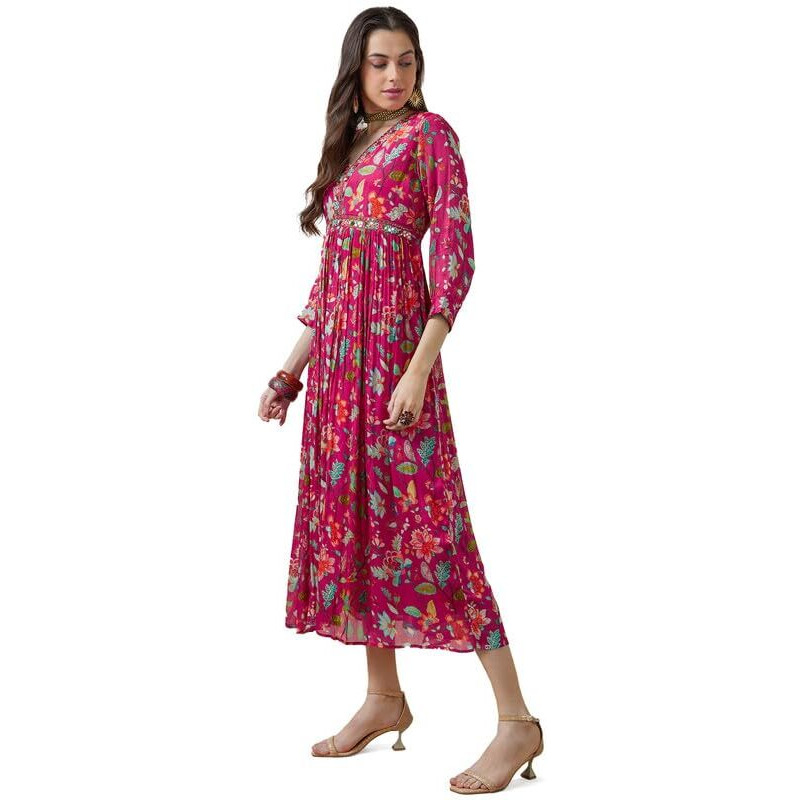 Soch Womens Fuchsia Chinon Floral Print Gathered Dress With Mirror Work