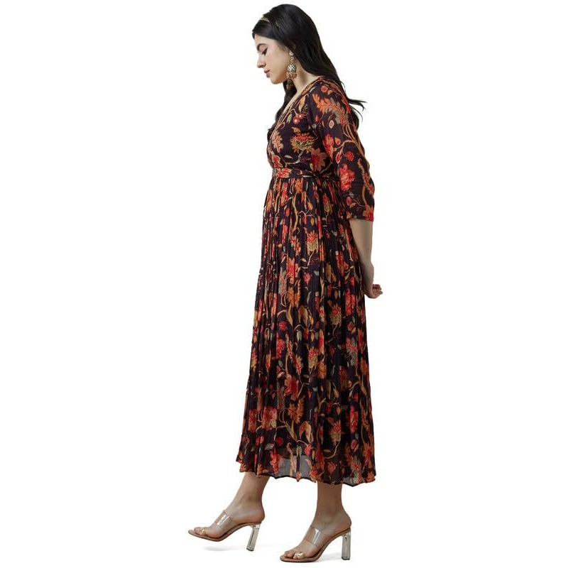 Soch Womens Wine V Neck Chinon Botanical Print Dress